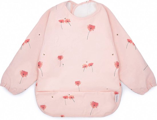 J. Børn Slabbetje Lange Mouwen met Brede Opvangbakpe (6 maanded - 2 jaar) - Peuter Kliederschort - Verfschort - Baby Slabber / Schort - Mouwslab - Mouwslabber (Klaproos)