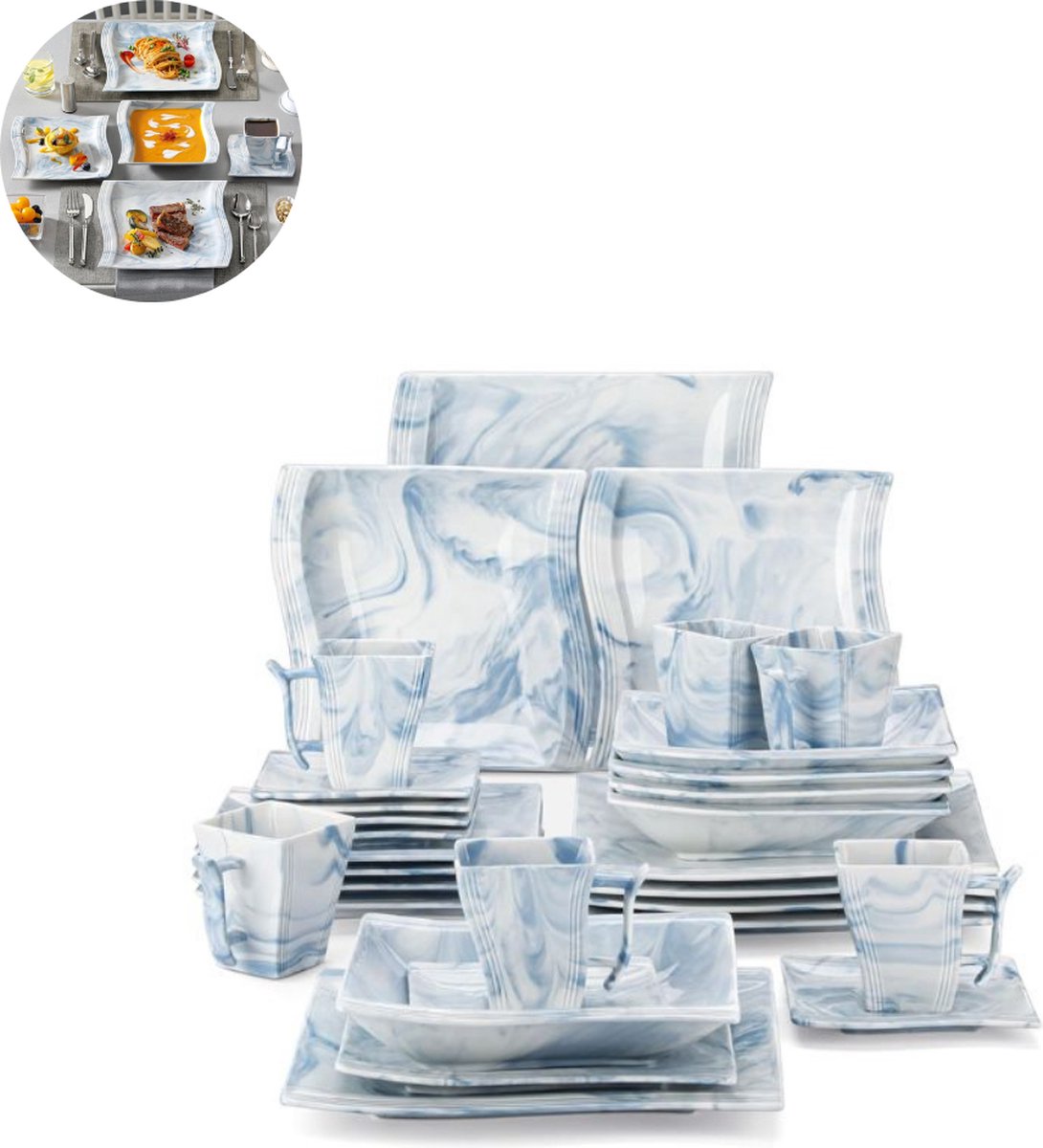Luxe Serviesset – 60 delig – 12 persoons – Porselein - Bordenset – Dinner platen – Dessertborden - Soepplaat - Kommen - Mokken - Schaaltjes - Blauw