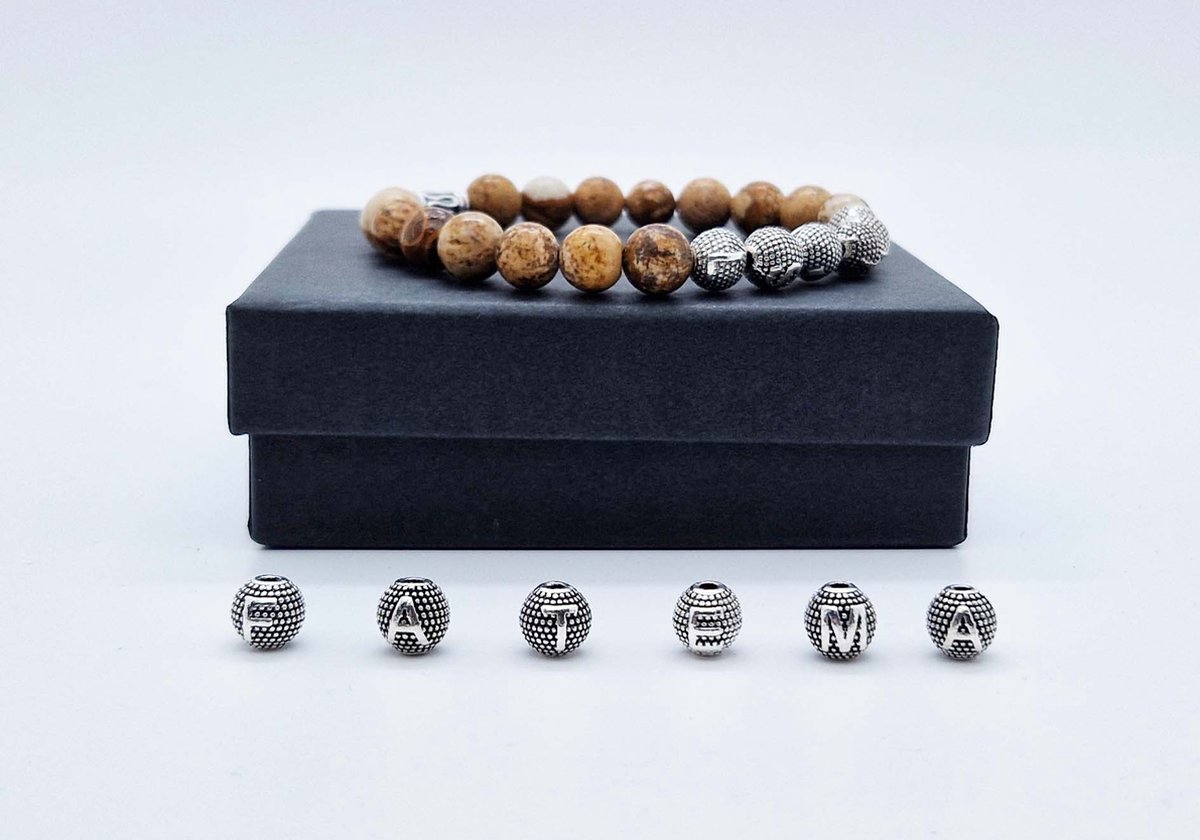 Handgemaakte Natuurstenen armband met metaal naam "Picture Jasper" - Met je naam of de naam van uw geliefde- 8 mm diameter van de korrel- Diameter armband 20 cm - Een mooi cadeau voor familie en vrienden