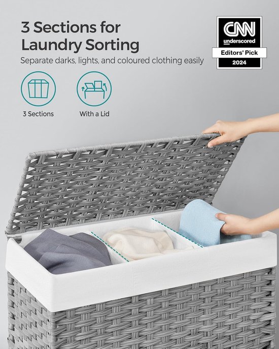 LIVINGSIGNS 140L panier à linge tissé à la main, sac à linge avec couvercle, avec 3 compartiments, pliable, avec roues, en polyrotin, poignées, sac à linge en coton lavable en machine, couleurs naturelles LCB363G01