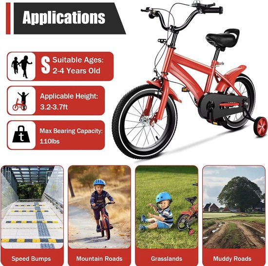 J&R Kinderfiets 14 inch - Jongensfiets 14 inch- Fiets 14 inch - Unisex - Met zijwieltjes - Rood — afbeelding 3