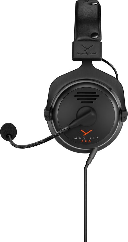 Zwarte Beyerdynamic MMX 330 PRO gaming headset met oranje logo en microfoon.