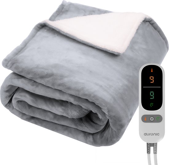 Auronic Elektrische Deken - Warmtedeken - Sherpa Fleece - 9 Hitte en Timerstanden - Bovendeken - 200x180 - 2 persoons - Grijs