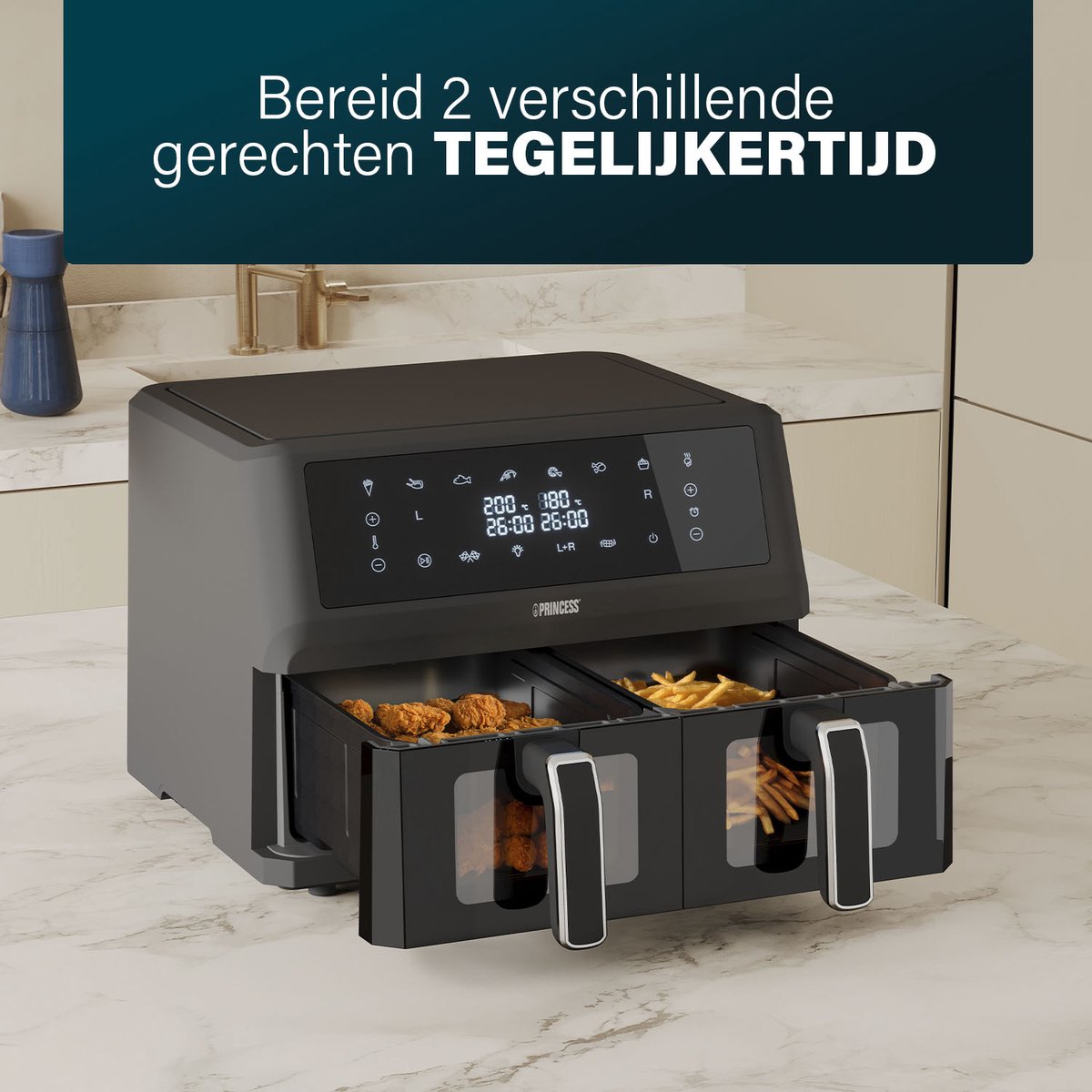 Afbeelding 3 van Princess Double Basket Airfryer 182276 - Dubbele Airfryer - 11 liter - 2 manden x 5,5liter - XXXL - Kijkvenster - 8 programma's - 2400W - PFas vrij - Touchscreen - Zwart - Sync functie