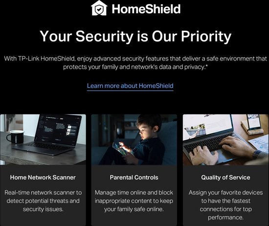 Screenshot van de TP-Link HomeShield website, met iconen voor Home Network Scanner, Parental Controls en Quality of Service.