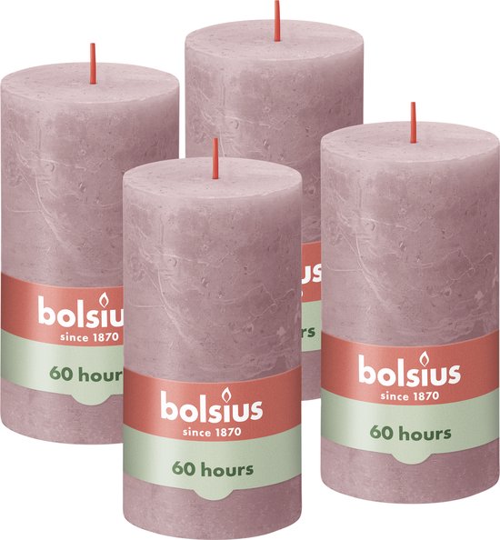 4 pièces Bolsius vieux rose bougies pilier rustique 68 (60 heures) Eco Shine Ash Pink