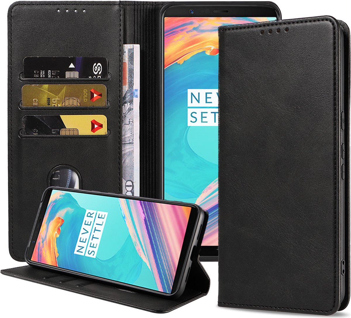 Smartphonica Telefoonhoesje geschikt voor OnePlus 5T kunstleren Hoesje met Magnetische sluiting en Pasjeshouders Book Case met Klepje - Zwart geschikt voor OnePlus 5T