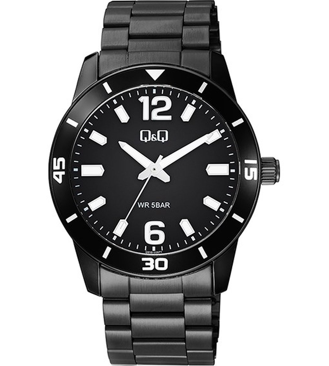 QQ Q85B-006PY - Horloge - Polshorloge - Analoog - Heren - Mannen - stalen band - Rond - Metaal - Streepjes - Cijfers - GUN kleur (Zwart)