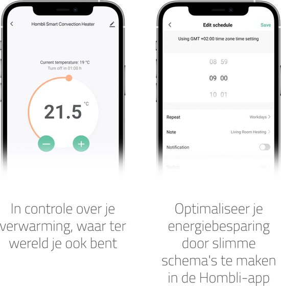 Screenshots van de Hombli app voor het bedienen van de slimme convectorverwarmer.