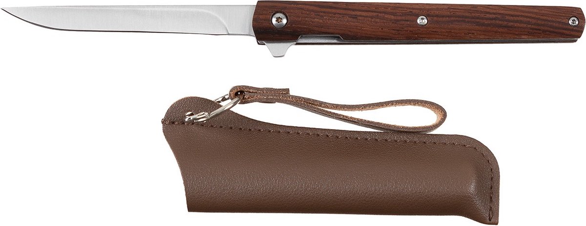 Cover van Fox outdoor bushcraft klapmes met houten handvat, 21cm, leren schede