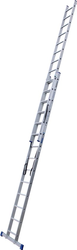 Lange, uitschuifbare aluminium ladder met blauwe voetstukken.
