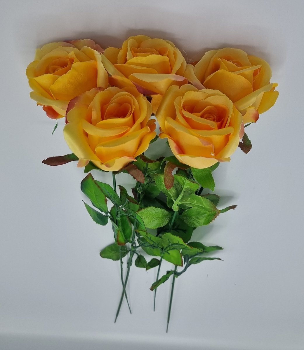 Roos - R3 - 50cm - Licht Oranje - 5 bloemen - Grafdecoratie - Zijdenbloemen - Kunstbloemen