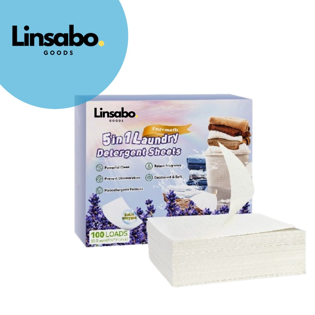 Goedkoopste Linsabo Goods Wasstrips – Lavendel Vegan, Plasticvrij, Hypoallergeen Wasmiddel met Langdurige Frisse Geur (50 Strips, 100 Wasbeurten