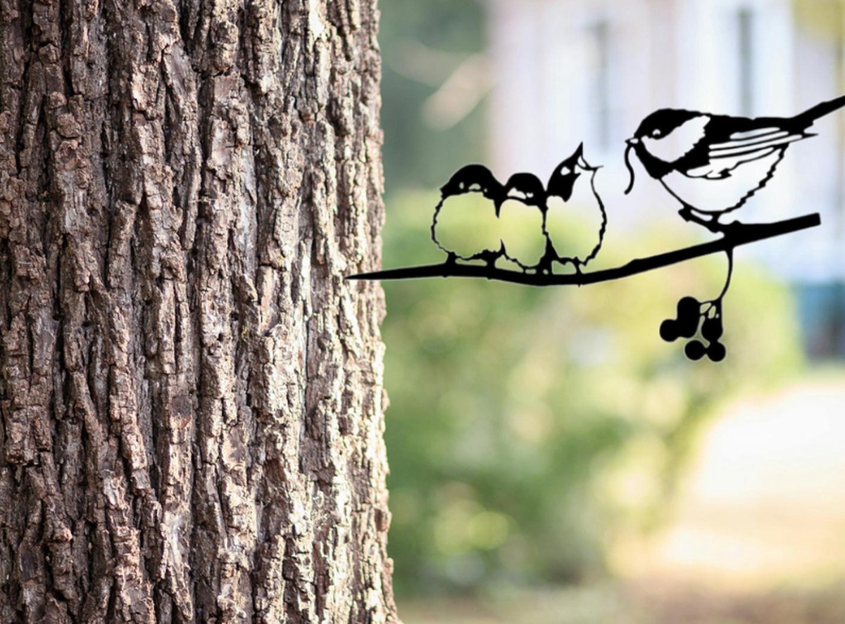 Tuindecoratie-Roestvrijstaal-Metal bird-Boomdecoratie-Metaal Decoraties-Koolmees met jongen