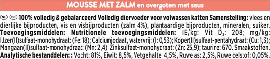 Ingrediëntenlijst voor kattenvoer: mousse met zalm en overgoten met saus.