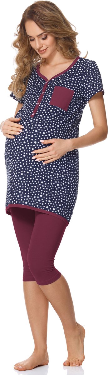 Bellivalini Dames Zwangerschapspyjama - Korte mouwen - Korte broek met borstvoedingsfunctie - Katoen - BLV-BLV50-126-PJ - Marineblauw Sterren/Wijnrood - S