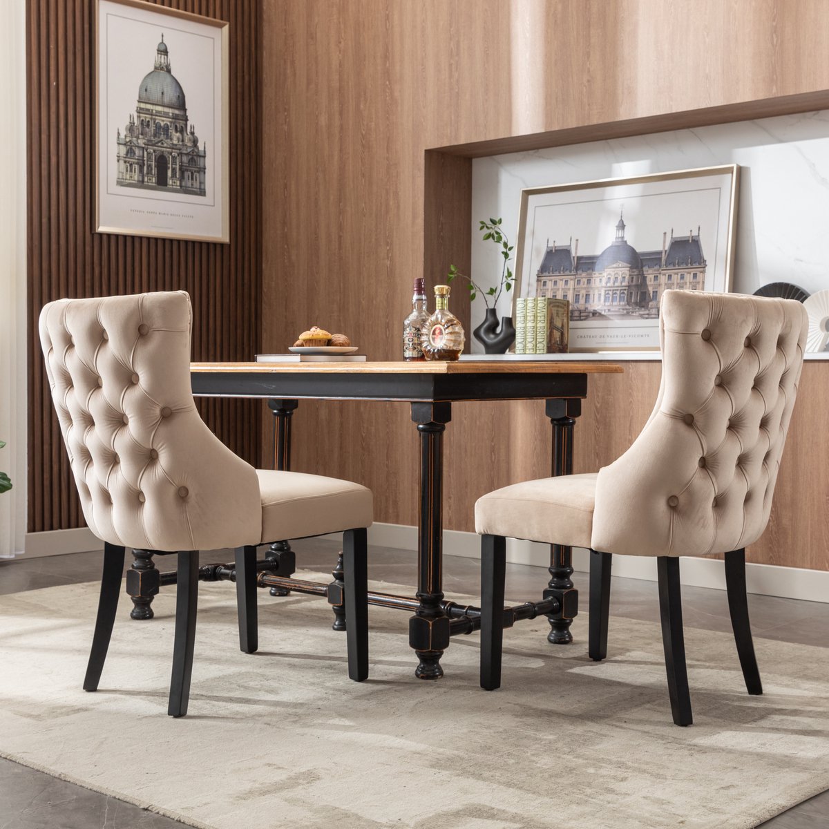Gutent Eetkamerstoel, Beige(set van 2), Stoel met vier poten, Zwarte stoelpoten,BeigeFluwelen eetkamerstoel met knoopstiksels, massief houten frame