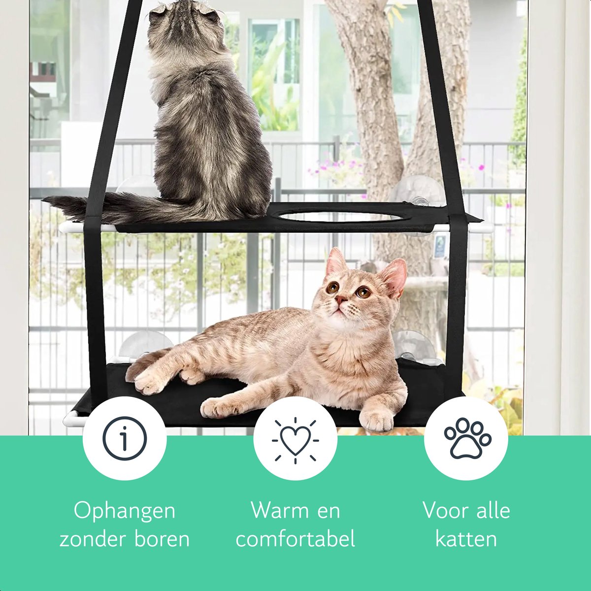 Raamhangmat - Dubbellaags - Met zuignappen - 20kg draag gewicht - Kattenhangmat - Hangmat kat - Kattenbed - Kattenkussen - Kattenbank - Kattenmand - Raam - Kattenhangmat Raam - Zwart - Radiator – foto 2