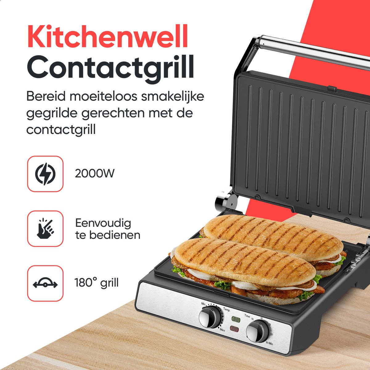 Kitchenwell Contactgrill - Tosti apparaat - Grill apparaat - Uitneembare platen - Anti-aanbaklaag - 3-in-1 -180 °C grill - Vaatwasserbestendig — cadeau in Kookcadeaus - foto 2