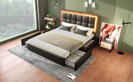 Merax Lit Double Queensize 160x200 cm avec Matras en Mousse Froide - Lit rembourré en Simili Cuir avec 4 tiroirs et LED- Siècle des Lumières - Zwart