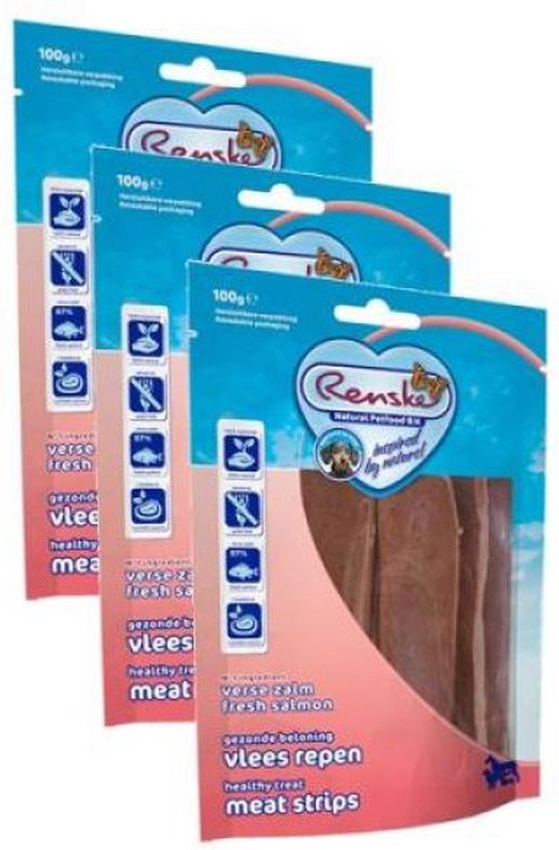 3x100 gr Renske gezonde beloning vlees strip zalm hondensnack