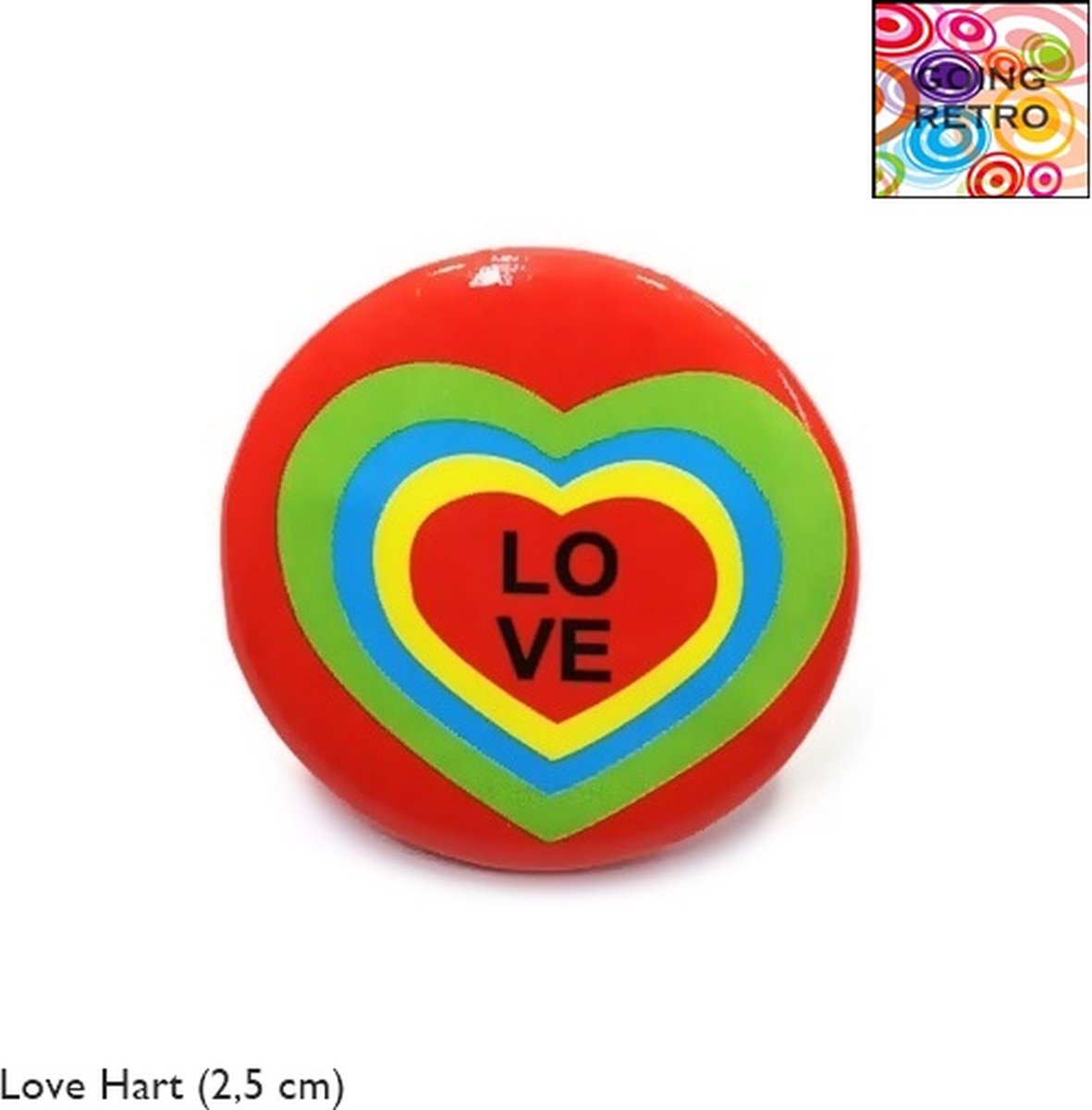 Going Retro® - Trendy Button Brôche - (08) Hart Multi colour Love Zwart - Rood – ca. 2,5 cm – Volwassenen Jeugd Kinderen – Unisex – Casual - Thema Feest