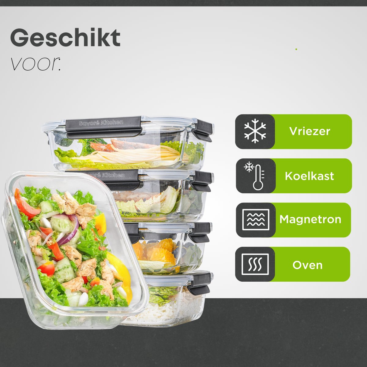 Savoré Kitchen Vershoudbakjes Set – Glas - 5 Stuks Met Stoom Deksel -1040ML - Meal Prep Bakjes - Diepvriesbakjes - Luchtdicht — afbeelding 4