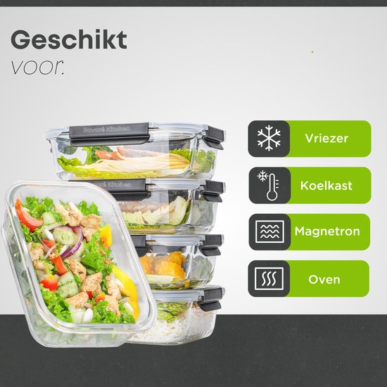 Set de Boîtes de conservation Savoré Kitchen - avec couvercle vapeur - Récipients de Prep de repas - Récipients de congélation en Glas - Hermétique - 5 pièces - 1040 ML