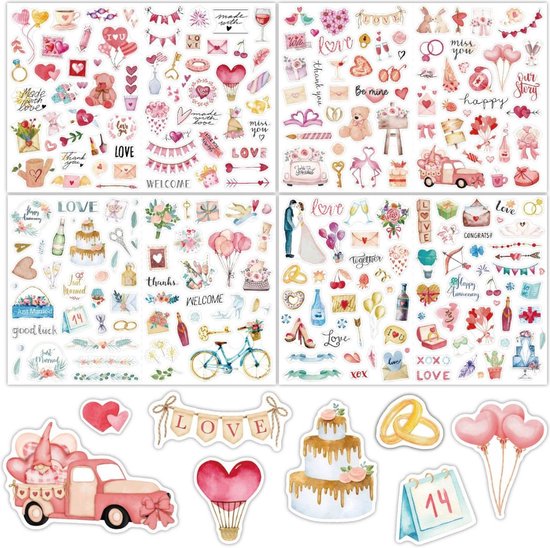 Bruiloft Stickers - 220 stuks - Huwelijksalbum of Gastenboek Decoratie - 4 Stickervellen met Love/Liefde/Hartjes/Trouwerij