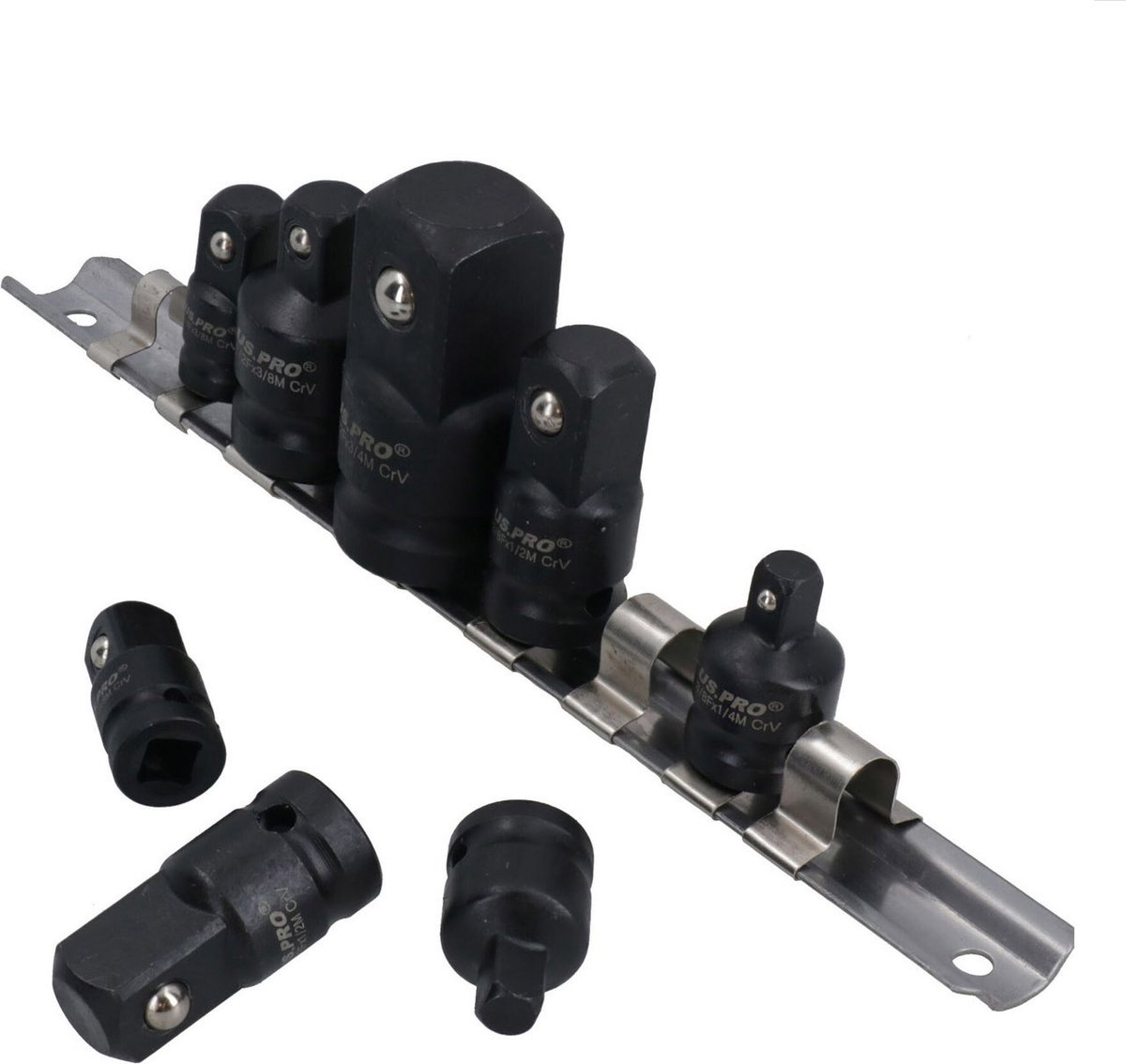 Kracht dop adapterset / Impact verloop doppenset 1/4" - 3/8" - 1/2" en 3/4" op rail 8-delig