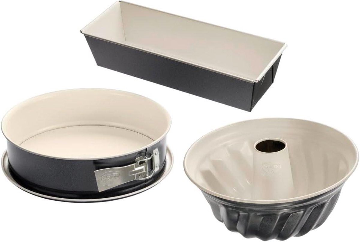 Bakvormenset - 3 stuks - springvorm Ø 26 - tulbandvorm Ø 22 - vierkante bakvorm 30 x 13 cm - staal - keramisch versterkt - ILAG anti-aanbaklaag