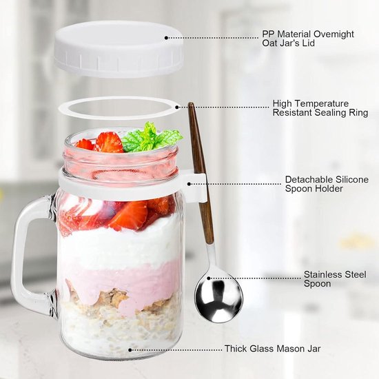 Herbruikbare Overnight Oats Containers - Draagbare Luchtdichte Havermoutpotten met Deksels - Inclusief Lepels - Voor Muesli Yoghurt Salade - Set van 2 — afbeelding 4