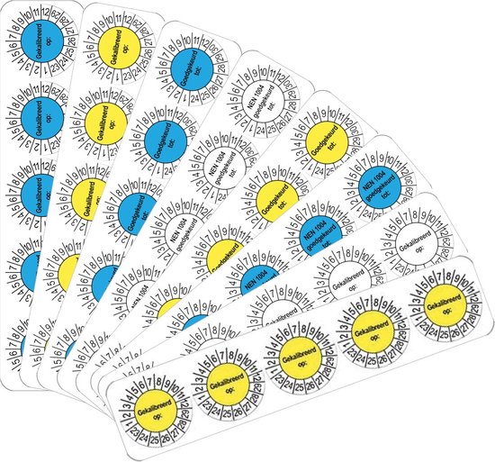 Foto: 50 keuringsstickers visueel inspectie goedgekeurd tot rond 35 mm strips van 5 stuks