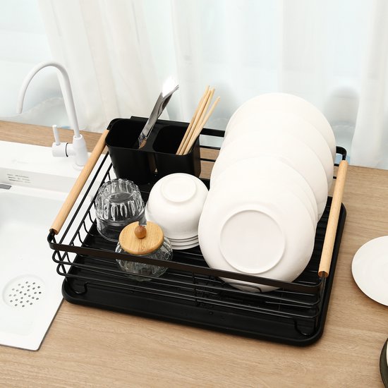 Behave Égouttoir à vaisselle avec égouttoir – Égouttoir à vaisselle – Avec porte-couverts – Gain de place – Zwart