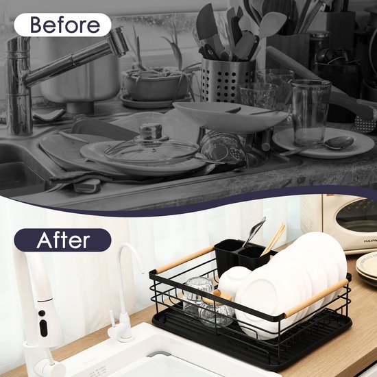 Behave Égouttoir à vaisselle avec égouttoir – Égouttoir à vaisselle – Avec porte-couverts – Gain de place – Zwart