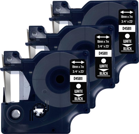 DULA Dymo D1 45811 - S0720910 - Compatible label tape - 3 lettertapes - Wit op zwart - 19mm x 7m