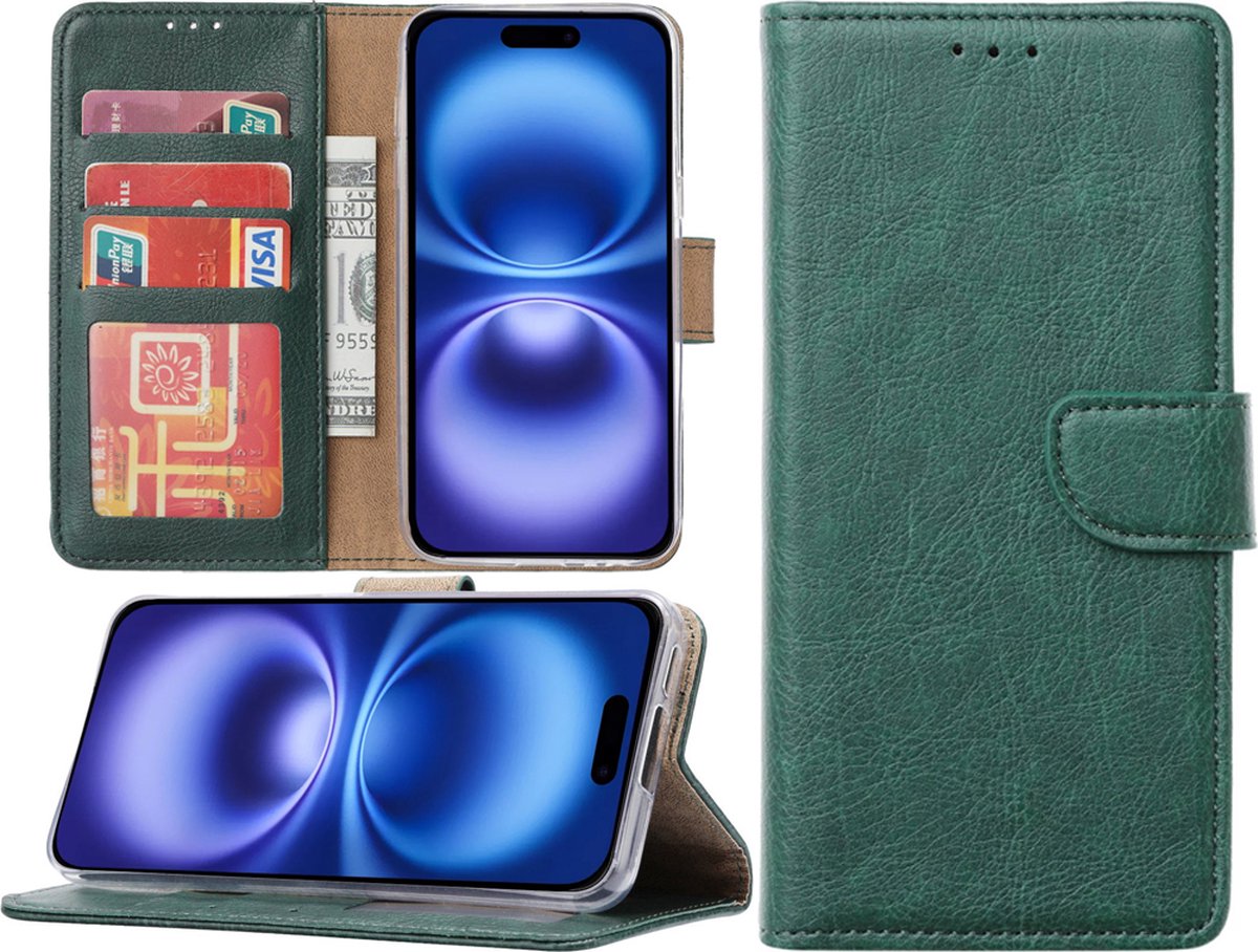 Hoesje Geschikt voor iPhone 16 hoesje – portemonnee bookcase met pasjeshouder – Groen
