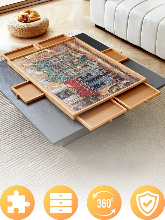 Foto: Dreamgoods draaibaar puzzelbord met opbergsysteem 6 lades 1500 stukjes houten puzzeltafel puzzelplank puzzelmap puzzelmat portapuzzle puzzelplaat incl bescherm cover puzzel