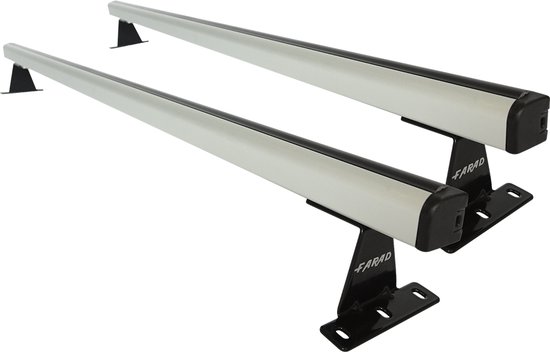 Deux barres de toit argentées avec extrémités noires et supports de montage noirs, sur fond blanc.