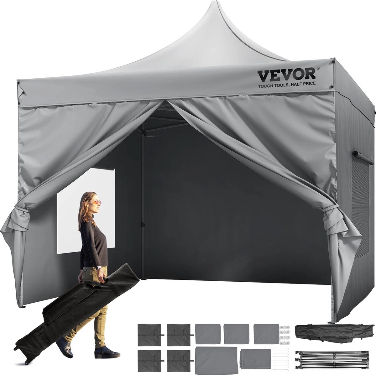 Tumex - Partytent waterdicht - Pop-up Tent - Paviljoen - 3 Verstelbare Hoogtes - Inclusief Zijwanden en Opbergtas met Wielen - Grijs