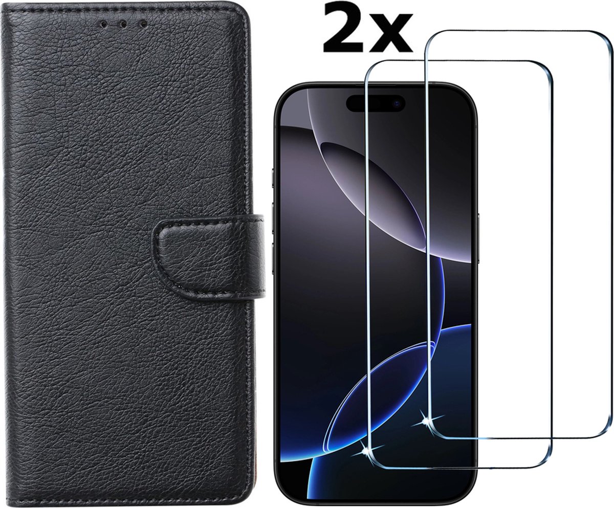 Hoesje Geschikt voor iPhone 16 Pro hoesje bookcase met 2 stuks screenprotectors – Zwart