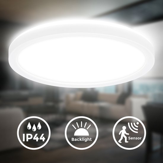 B.K.Licht - LED Badkamerverlichting - Plafondlamp met bewegingsmelder - IP44 - warm wit licht - 24x3 cm - Wit