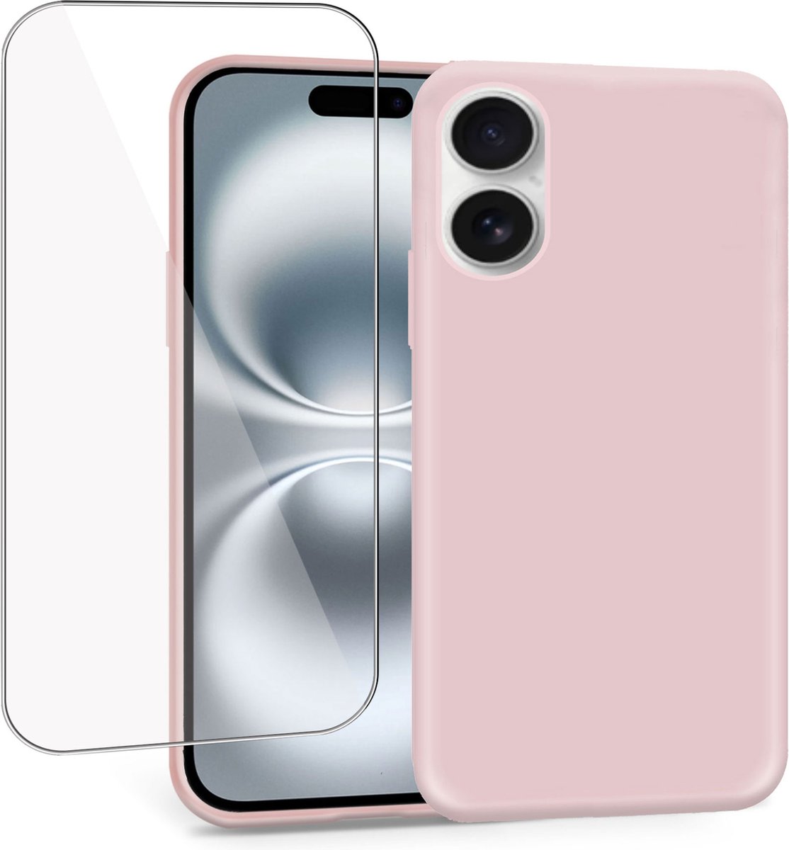 Geschikt voor Apple iPhone 16 - Hoesje + Screenprotector – Gehard Glas Cover - Suède Case Rose