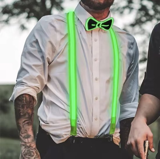 Lichtgevende Bretels Met Strik - LED Bretels Met Strik - Vlinderdas - Bretels - Feest Accessoires - Party - Festival - Kostuum - Carnaval - Verkleed Accessoires - Glow In The Dark - Neon - LED - Unisex - Groen - Green -