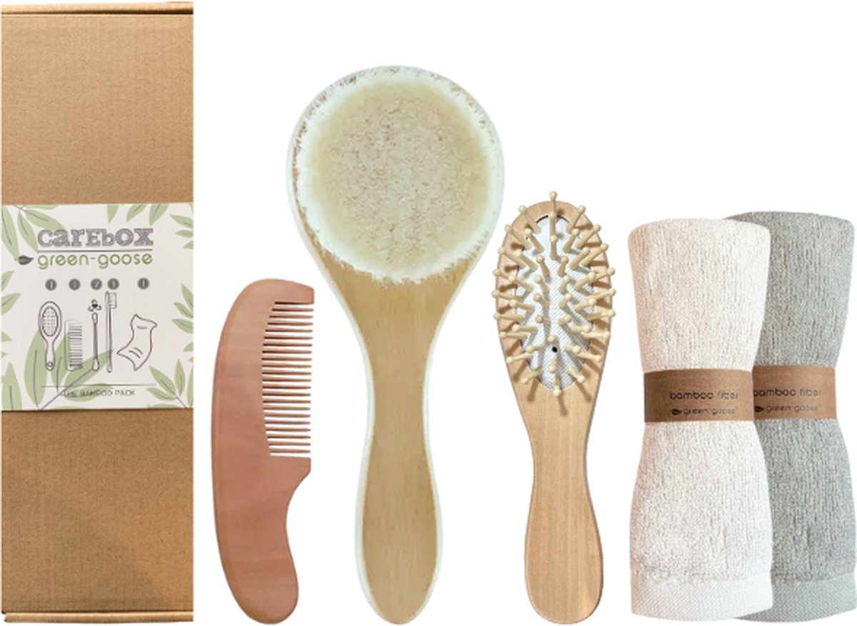 Goedkoopste green-goose® Baby Bamboe Pakket | Haarverzorging Baby | 2 Haarborstels, Kam, 2 Zachte Doekjes | Duurzaam | Baby Borstels | Baby Kam