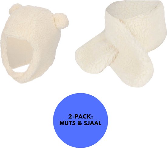 2-pack: off-white teddy wollen muts met oortjes en sjaal.