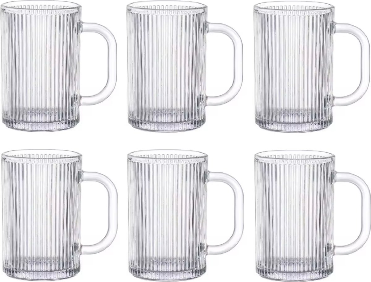 Weissberg - Stijlvolle theeglazen - Geribbelde design glazen - Set van 6 theeglazen met handvat - 350 ml - Ribbel glazen