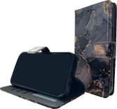 HEM Stylish Book Case (convient pour 16 Plus) Coque iPhone 16 Plus avec 3 découpes pour cartes + compartiment photo - Étui portefeuille - porte-cartes - Blauw marbre / Or