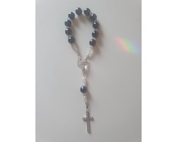 Rozenkrans - Tientje - Paternoster, gemaakt Hematiet halfedelsteen kralen en o.a, kristallen van Swarovski (gebedssnoer, kerst, eerste communie, geloof, ketting, Hanger, kruisteken, kruis, meditatie, mediteren, gebed, gebeden, spiritueel)