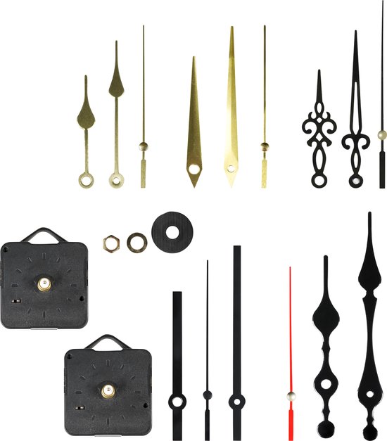 Twee klokmechanismen en diverse sets klokwijzers in goud en zwart.